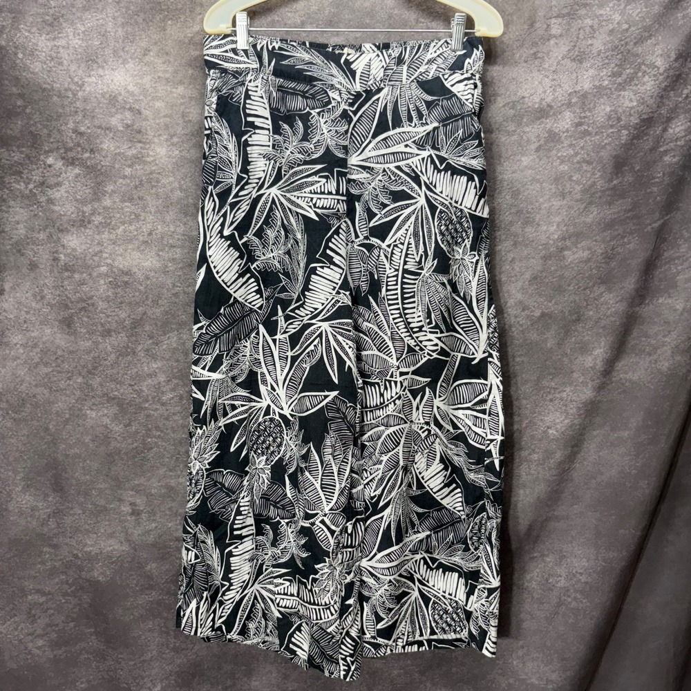 Christian Siriano 100% Linen Tropical Leaf Print Wide Leg Crop Pants Sz L Black